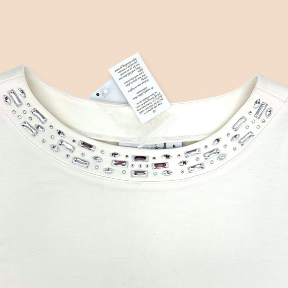 Susan Graver Fleece-Back Knit Top Size M Ivory Rhinestone Embellished Tunic NEW - Picture 4 of 11